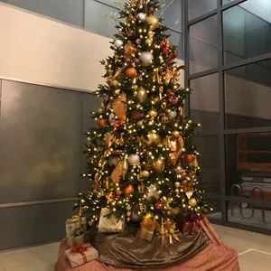 Gold holiday tree in a lobby