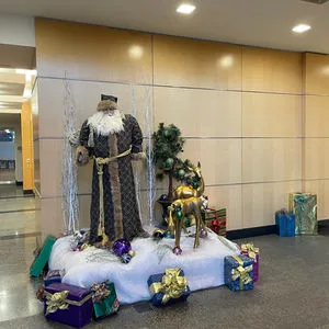 Festive lobby scene with a nutcracker
