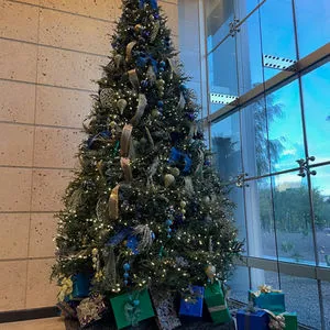 Tall holiday tree in a commercial lobby