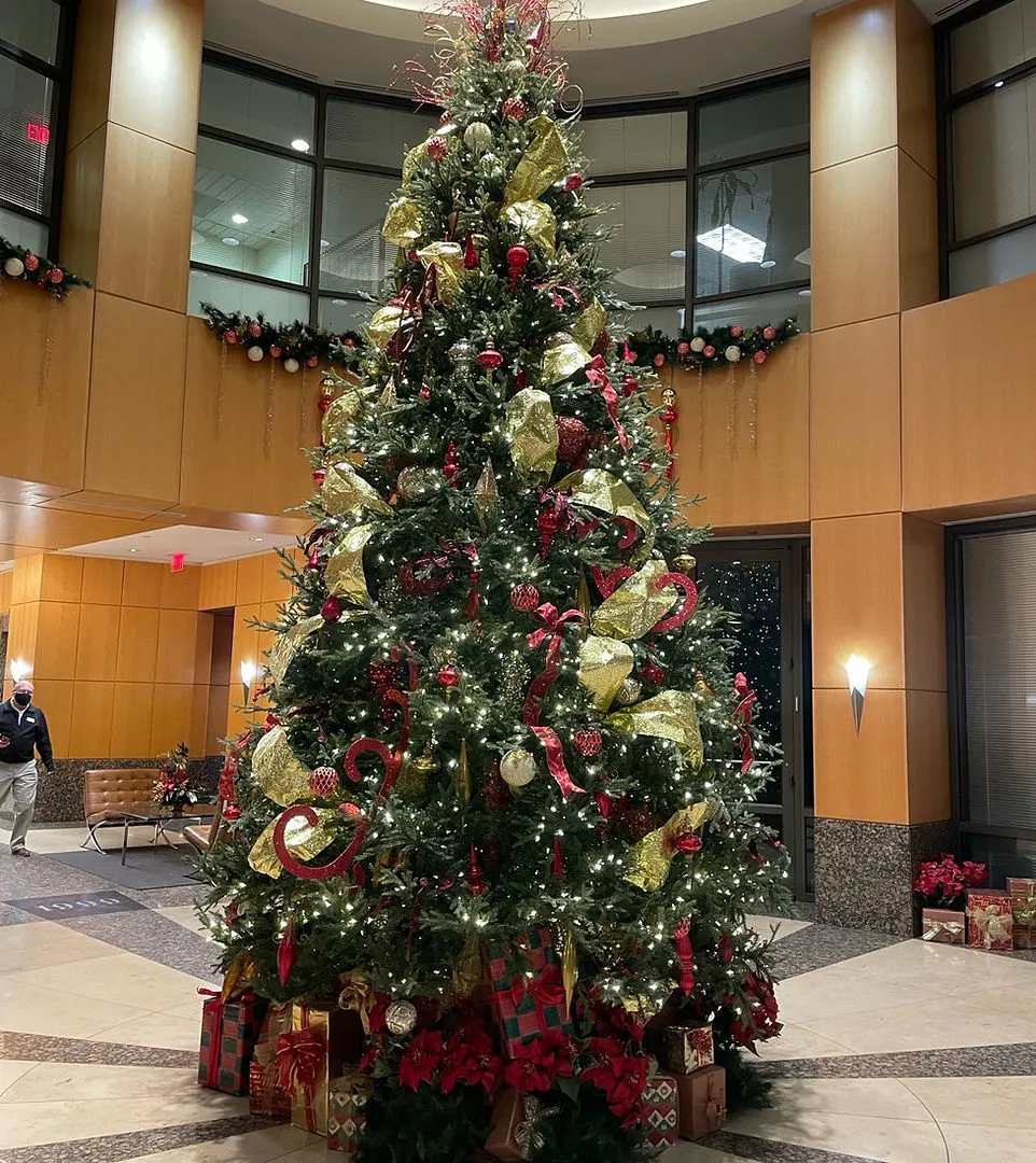 Holiday installation detail with a decorated Christmas tree